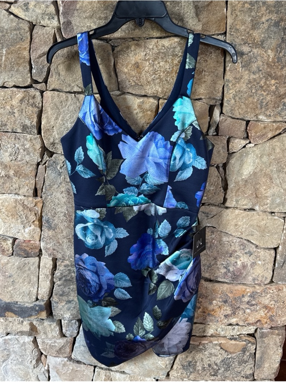 I.N. San Francisco Navy Floral Asymmetrical Dress with Blue Roses